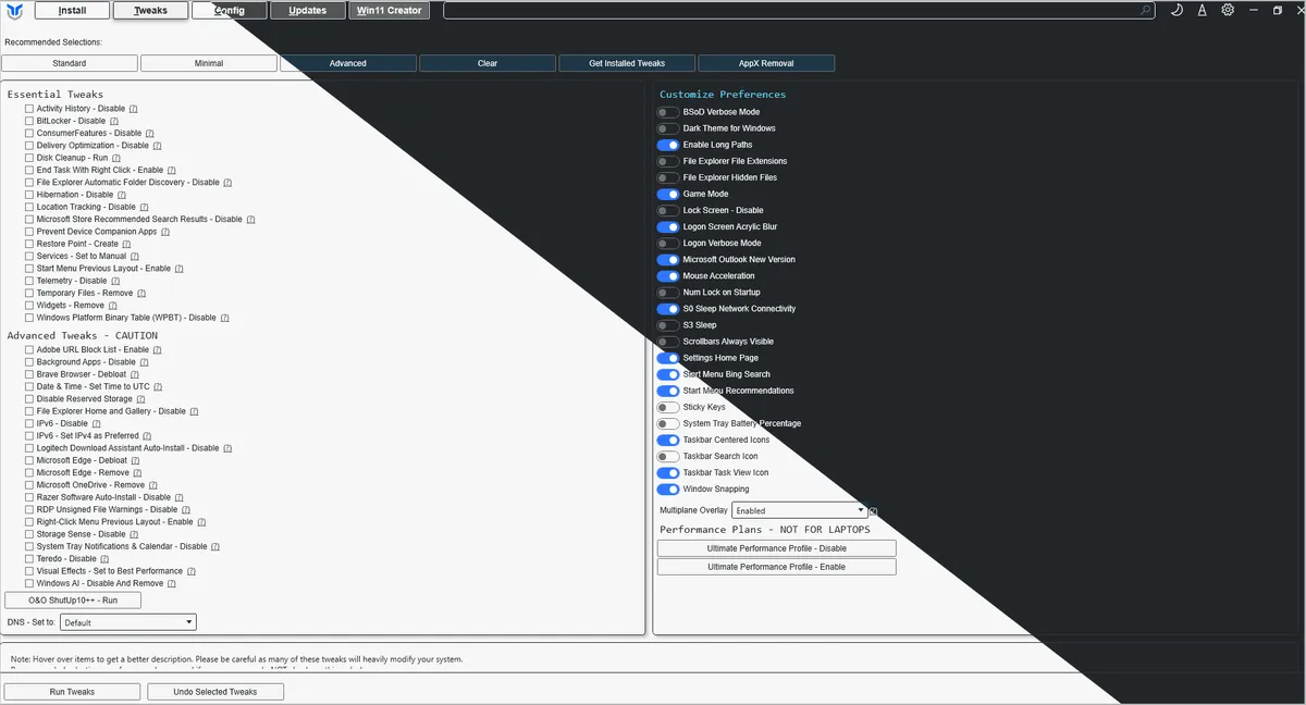 WinUtil interface running on Windows 11